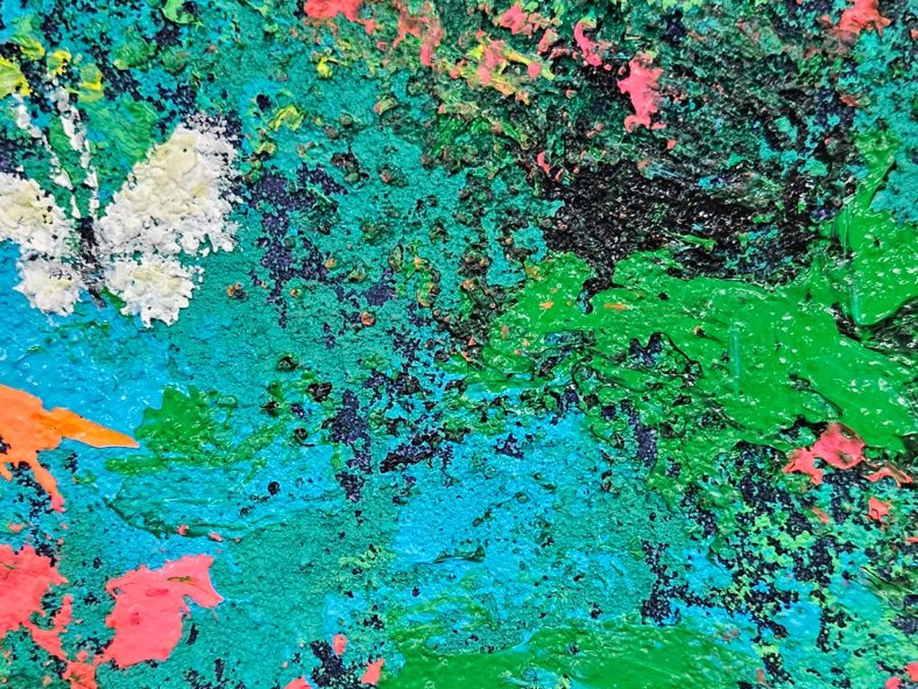 후후, 「스며들다 (Permeate) 83」 부분. 모래와 물감이 두껍게 올라간 표면은 붓질에도 재료가 떨어질 수 있어 손대지 않습니다.
